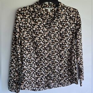 L.L. Bean Signature Women's Size 10 Black Floral Shirt Button Up Long Sleeve